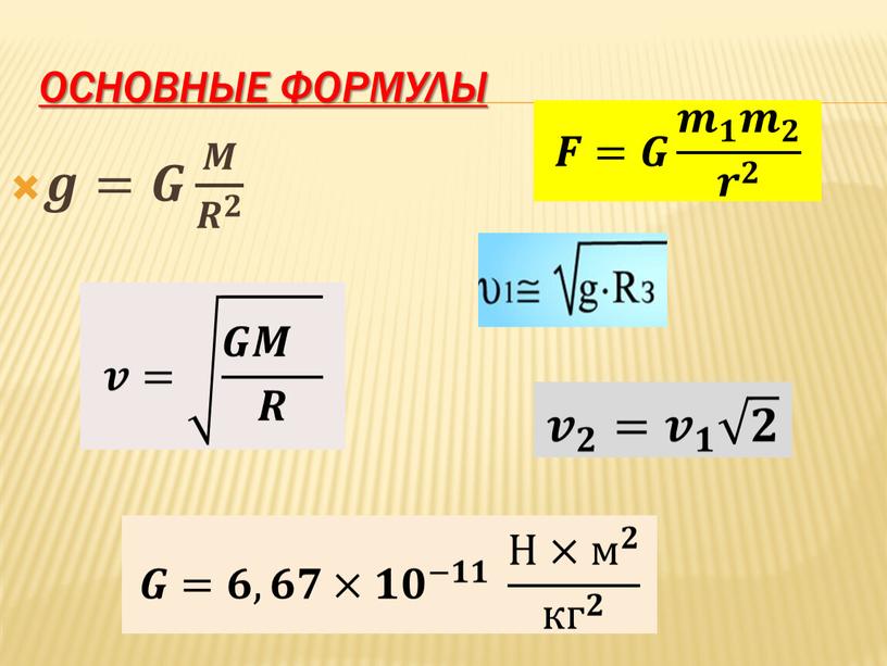 Основные формулы 𝒈=𝑮 𝑴 𝑹 𝟐 𝑭=𝑮 𝒎 𝟏 𝒎 𝟐 𝒓 𝟐 𝑮=𝟔,𝟔𝟕× 𝟏𝟎 −𝟏𝟏