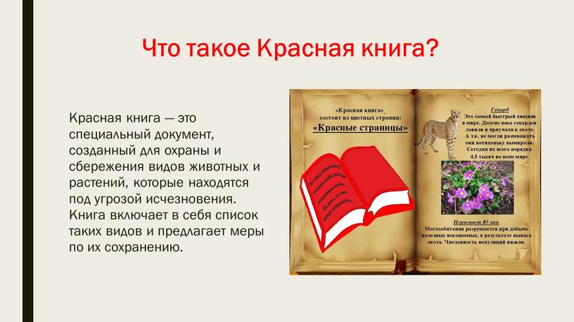 Что такое Красная книга? Красная книга — это специальный документ, созданный для охраны и сбережения видов животных и растений, которые находятся под угрозой исчезновения