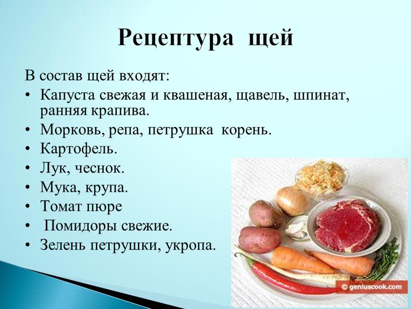 В состав щей входят: Капуста свежая и квашеная, щавель, шпинат, ранняя крапива