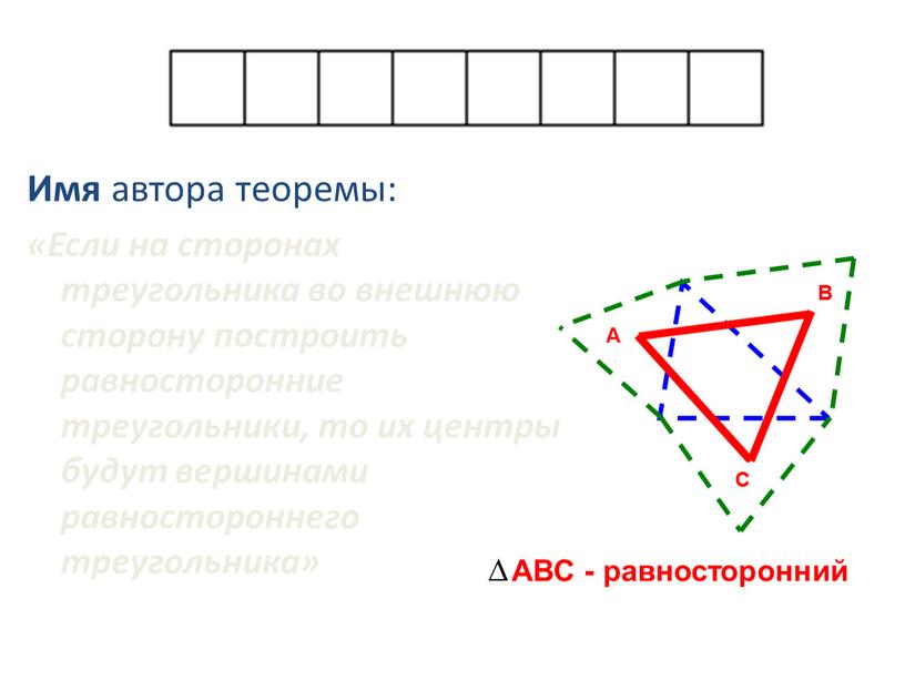 Имя автора теоремы: «Если на сторонах треугольника во внешнюю сторону построить равносторонние треугольники, то их центры будут вершинами равностороннего треугольника»
