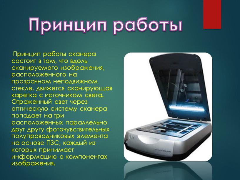 Принцип работы Принцип работы сканера состоит в том, что вдоль сканируемого изображения, расположенного на прозрачном неподвижном стекле, движется сканирующая каретка с источником света