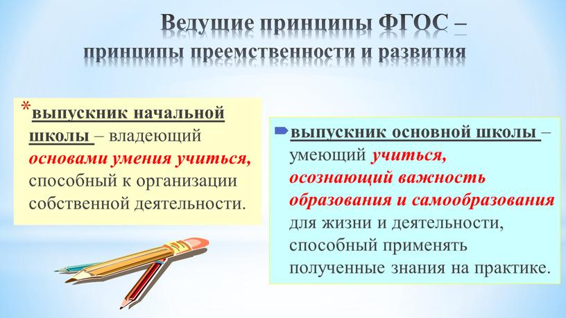 Ведущие принципы ФГОС – принципы преемственности и развития выпускник начальной школы – владеющий основами умения учиться, способный к организации собственной деятельности