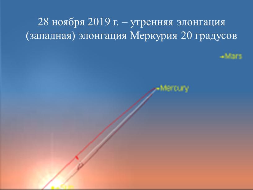 28 ноября 2019 г. – утренняя элонгация (западная) элонгация Меркурия 20 градусов