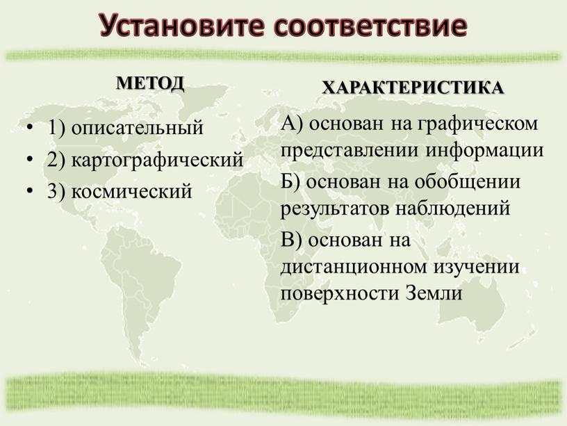 Установите соответствие МЕТОД 1) описательный 2) картографический 3) космический