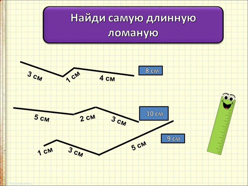 Найди самую длинную ломаную 3 см 1 см 4 см 5 см 2 см 3 см 1 см 3 см 5 см 10 см 9…