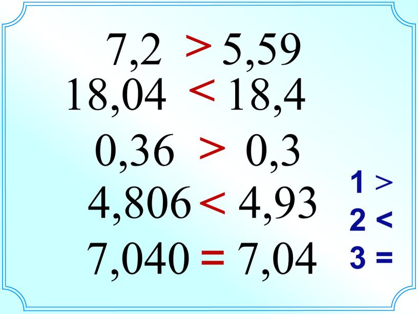 7,2 5,59 18,04 18,4 0,36 0,3 4,806 4,93 7,040 7,04 > > > > = 1 > 2 < 3 =