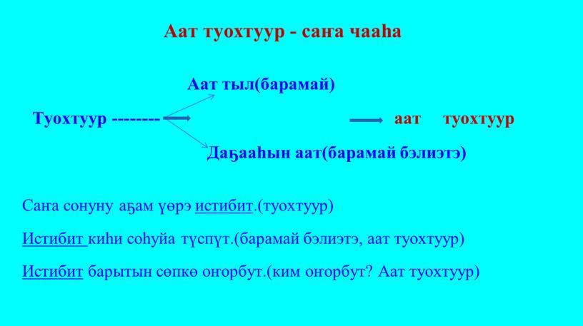 Аат тыл(барамай) Туохтуур -------- аат туохтуур