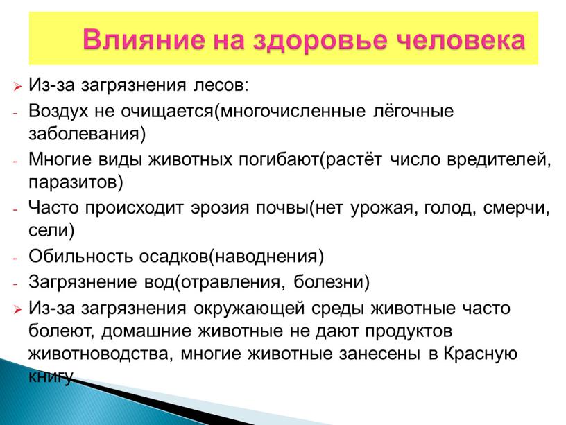 Из-за загрязнения лесов: Воздух не очищается(многочисленные лёгочные заболевания)