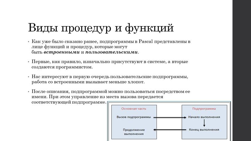 Виды процедур и функций Как уже было сказано ранее, подпрограммы в