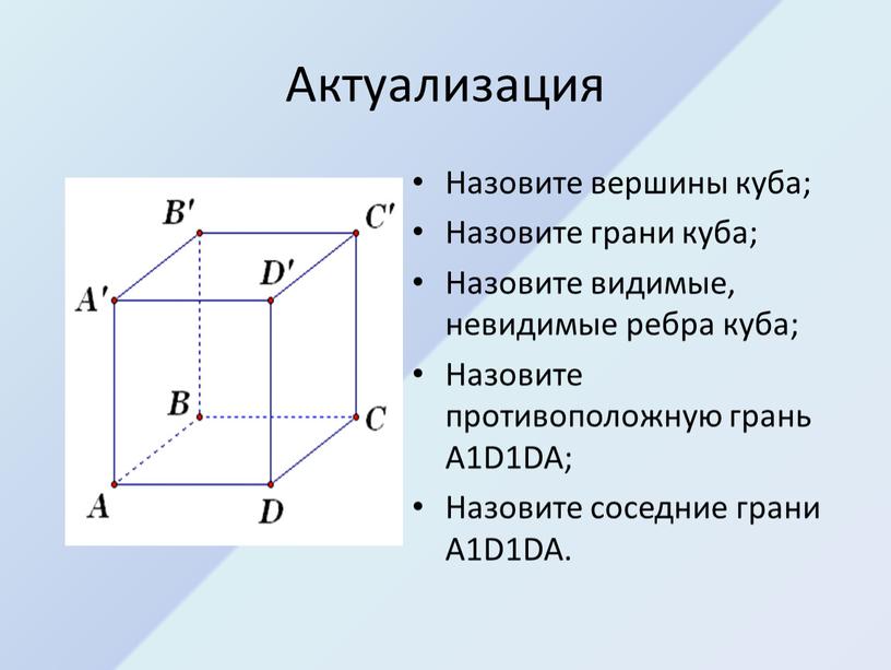 Актуализация Назовите вершины куба;