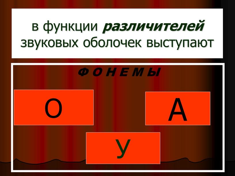 в функции различителей звуковых оболочек выступают Ф О Н Е М Ы О У А