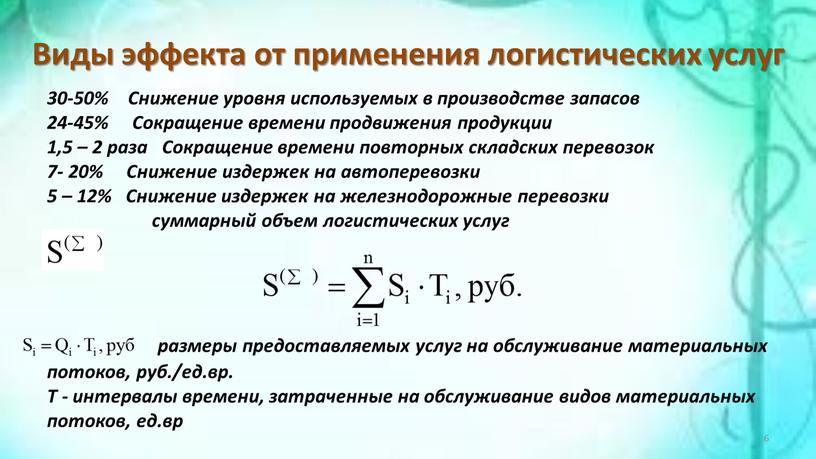 Виды эффекта от применения логистических услуг 30-50%