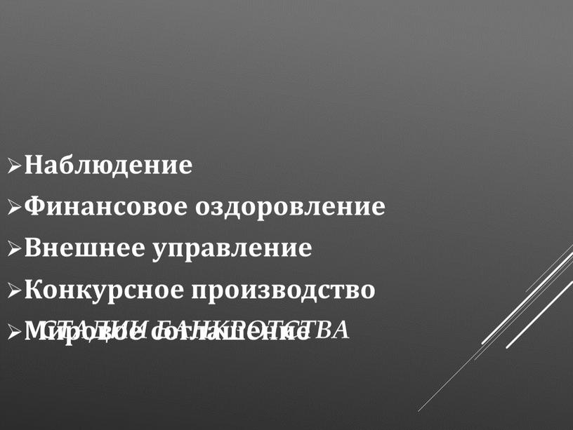 Стадии банкротства Наблюдение Финансовое оздоровление