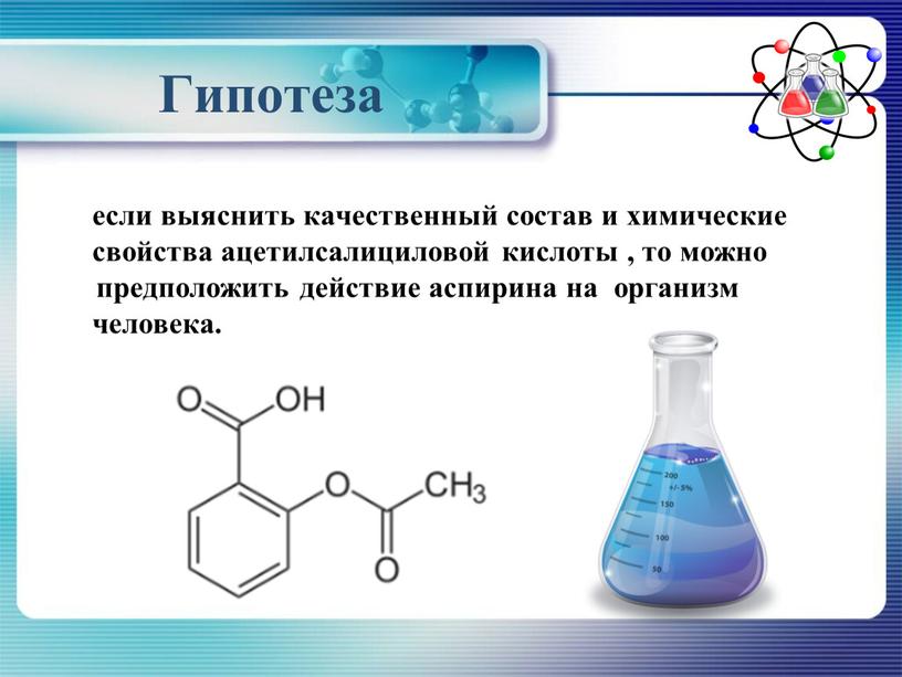 Гипотеза если выяснить качественный состав и химические свойства ацетилсалициловой кислоты , то можно предположить действие аспирина на организм человека