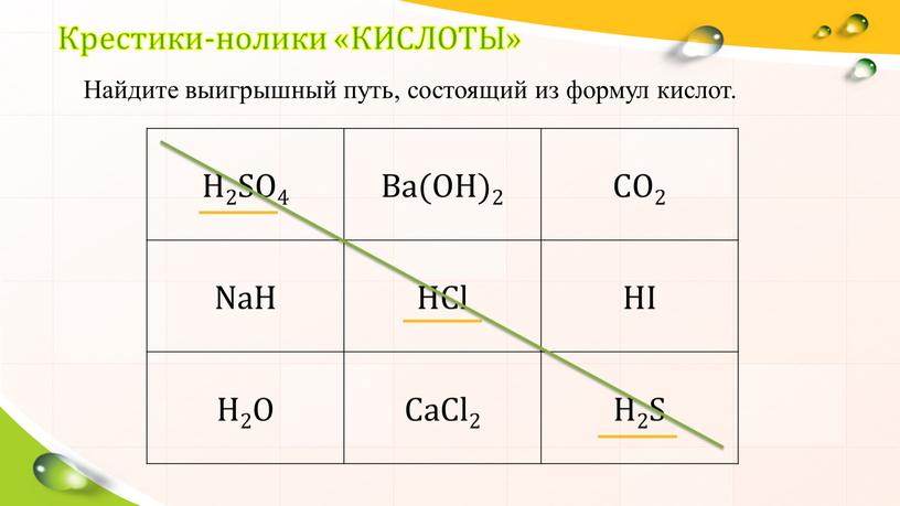 Крестики-нолики «КИСЛОТЫ» Найдите выигрышный путь, состоящий из формул кислот