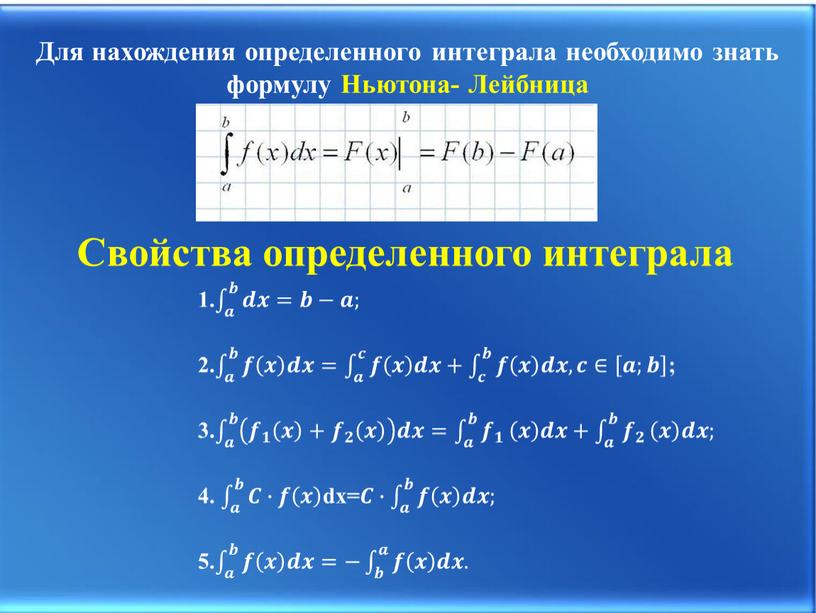 Для нахождения определенного интеграла необходимо знать формулу