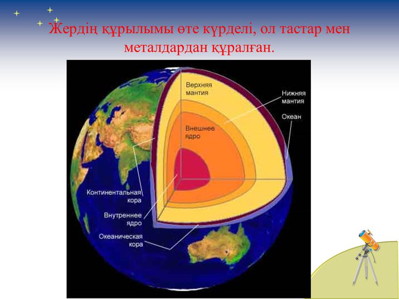 Жердің құрылымы өте күрделі, ол тастар мен металдардан құралған