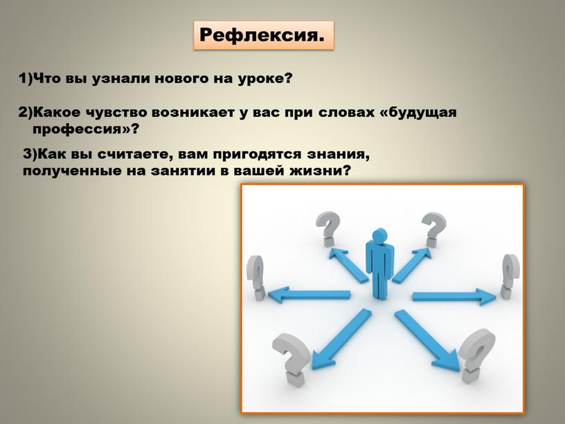 Рефлексия. Что вы узнали нового на уроке? 2)Какое чувство возникает у вас при словах «будущая профессия»? 3)Как вы считаете, вам пригодятся знания, полученные на занятии…