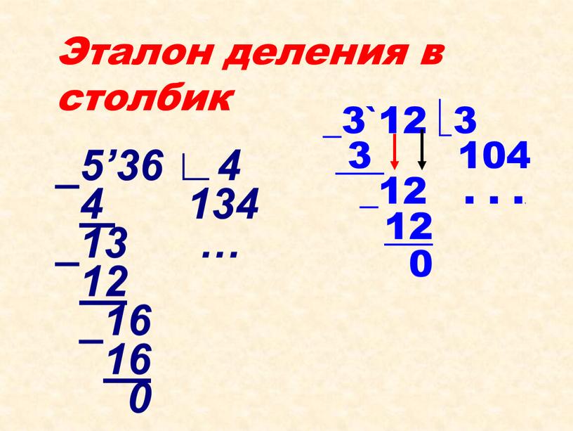 Эталон деления в столбик _5’36 ∟4 4 134 _13 … 12 _16 16 0 _3`12 3 3 104 _12