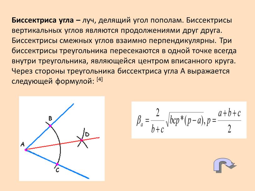 Биссектриса угла – луч, делящий угол пополам