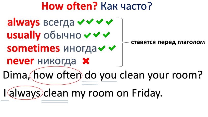 How often? Как часто? always всегда usually обычно sometimes иногда never никогда ставятся перед глаголом