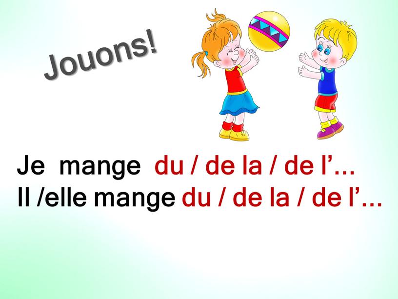 Jouons! Je mange du / de la / de l’