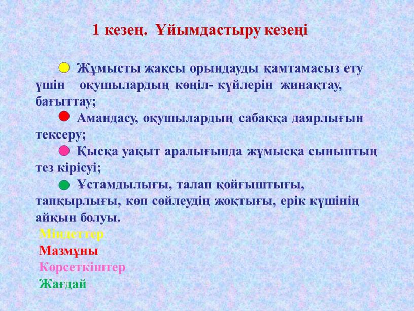 Жұмысты жақсы орындауды қамтамасыз ету үшін оқушылардың көңіл- күйлерін жинақтау, бағыттау;