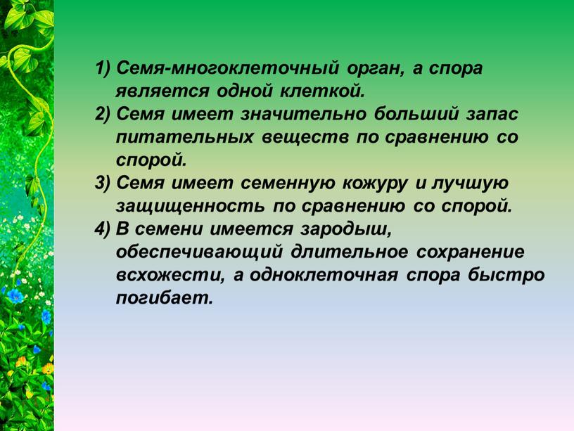 Семя-многоклеточный орган, а спора является одной клеткой