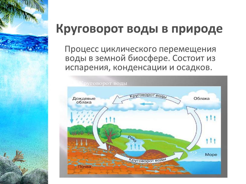 Круговорот воды в природе Процесс циклического перемещения воды в земной биосфере