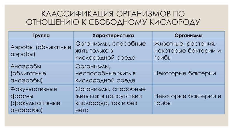 КЛАССИФИКАЦИЯ ОРГАНИЗМОВ ПО ОТНОШЕНИЮ