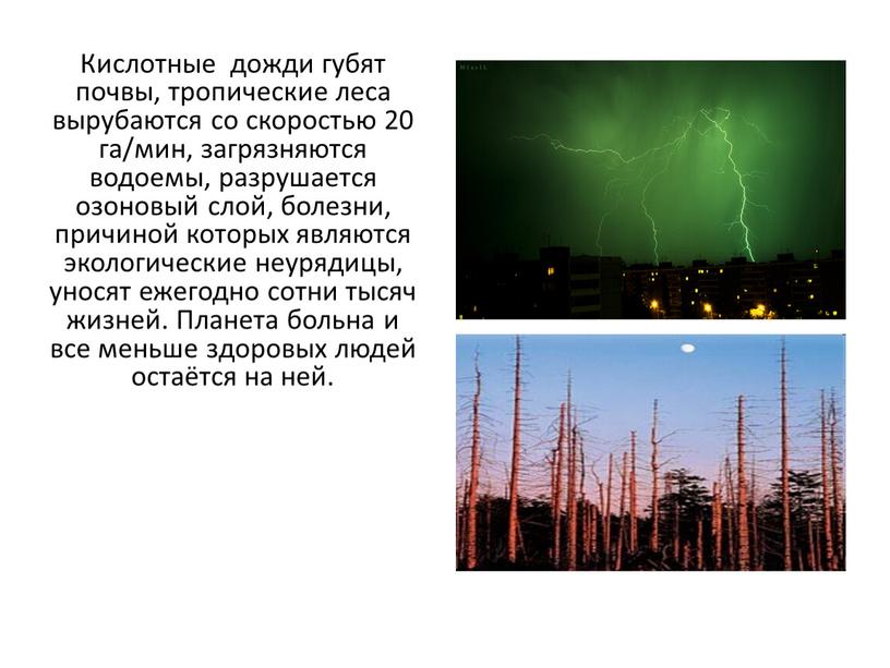 Кислотные дожди губят почвы, тропические леса вырубаются со скоростью 20 га/мин, загрязняются водоемы, разрушается озоновый слой, болезни, причиной которых являются экологические неурядицы, уносят ежегодно сотни…