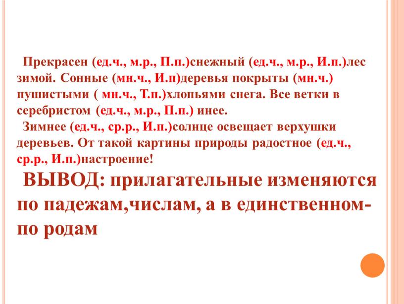 Прекрасен (ед.ч., м.р., П.п.)снежный (ед