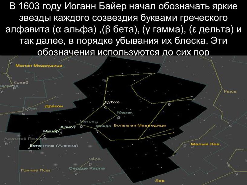 В 1603 году Иоганн Байер начал обозначать яркие звезды каждого созвездия буквами греческого алфавита (α альфа) ,(β бета), (γ гамма), (ε дельта) и так далее,…