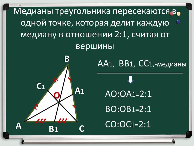 Медианы треугольника пересекаются в одной точке, которая делит каждую медиану в отношении 2:1, считая от вершины