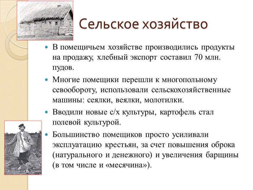 Сельское хозяйство В помещичьем хозяйстве производились продукты на продажу, хлебный экспорт составил 70 млн