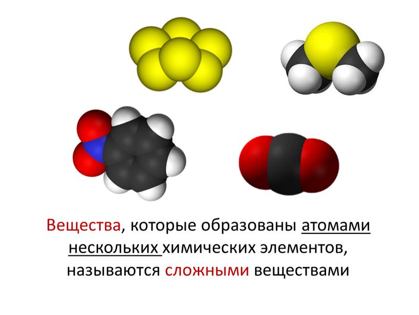 Вещества, которые образованы атомами нескольких химических элементов, называются сложными веществами
