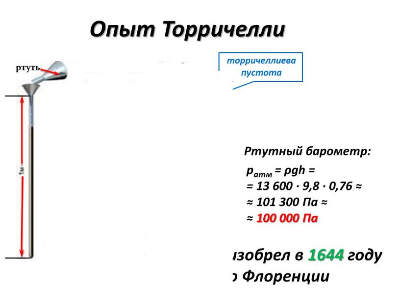 Опыт Торричелли торричеллиева пустота