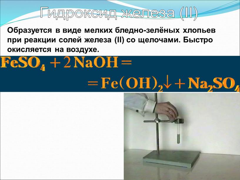 Гидроксид железа (II) Образуется в виде мелких бледно-зелёных хлопьев при реакции солей железа (II) со щелочами