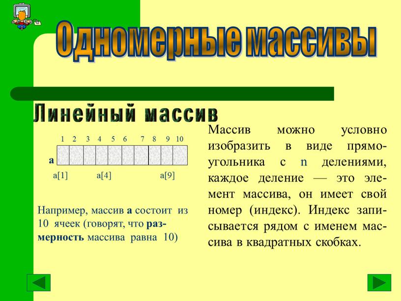 Одномерные массивы Массив можно условно изобразить в виде прямо-угольника с n делениями, каждое деление — это эле-мент массива, он имеет свой номер (индекс)