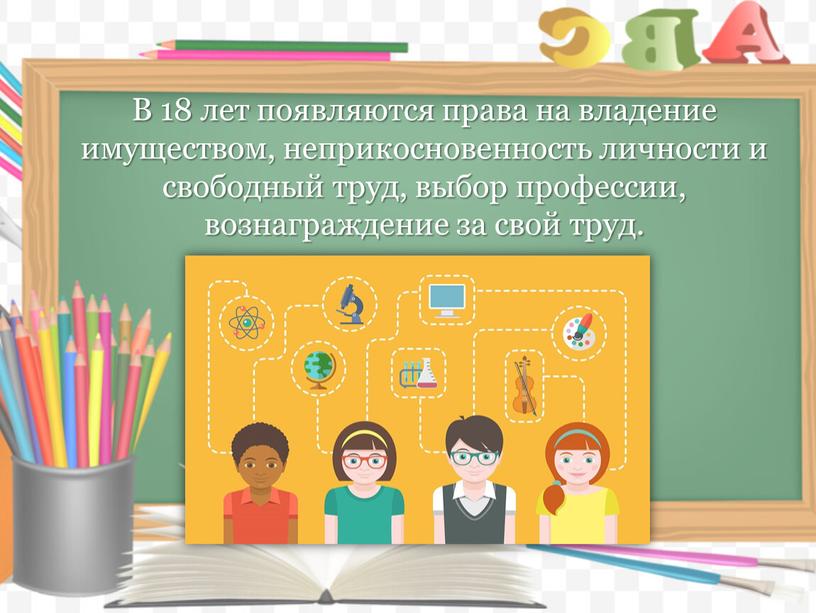 В 18 лет появляются права на владение имуществом, неприкосновенность личности и свободный труд, выбор профессии, вознаграждение за свой труд