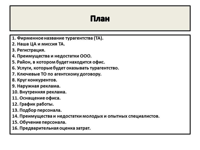 План 1. Фирменное название турагентства (ТА)