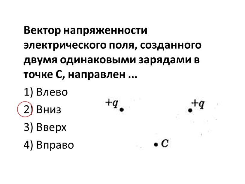 Вектор напряженности электрического поля, созданного двумя одинаковыми зарядами в точке