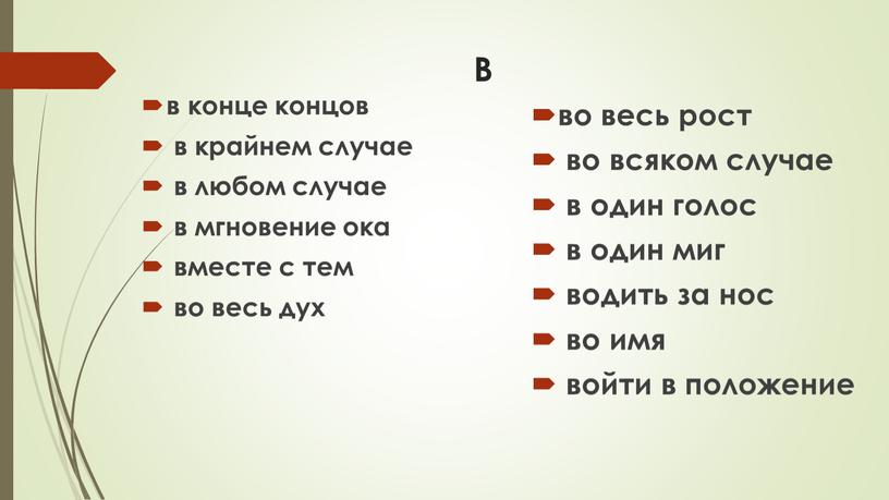 В в конце концов в крайнем случае в любом случае в мгновение ока вместе с тем во весь дух во весь рост во всяком случае…