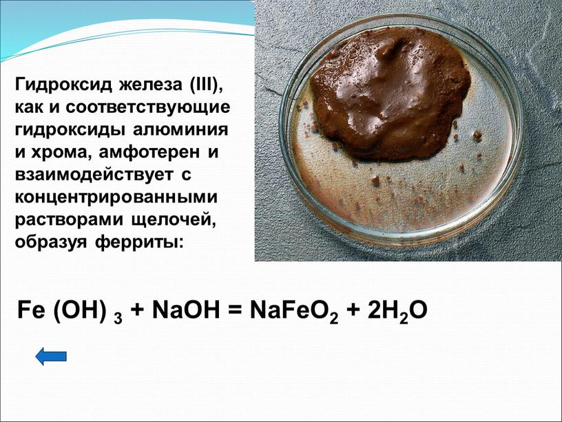 Fe (ОН) 3 + NaOH = NaFeO2 + 2H2O