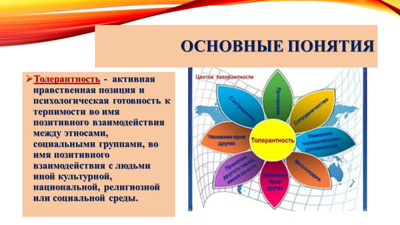 Основные понятия Толерантность - активная нравственная позиция и психологическая готовность к терпимости во имя позитивного взаимодействия между этносами, социальными группами, во имя позитивного взаимодействия с…