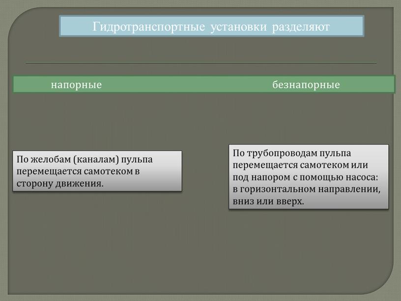 По трубопроводам пульпа перемещается самотеком или под напором с помощью насоса: в горизонтальном направлении, вниз или вверх