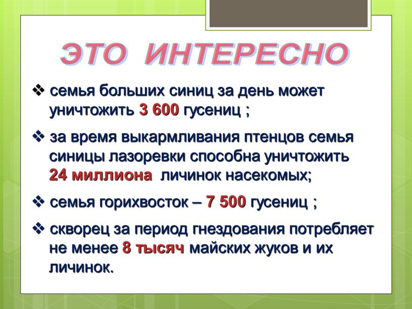 ЭТО ИНТЕРЕСНО семья больших синиц за день может уничтожить 3 600 гусениц ; за время выкармливания птенцов семья синицы лазоревки способна уничтожить 24 миллиона личинок…