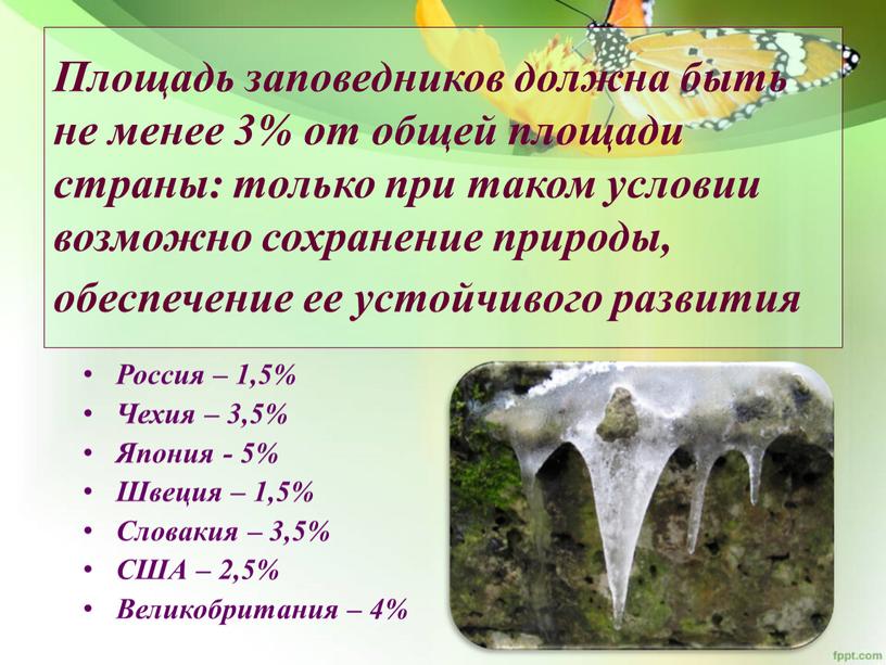 Площадь заповедников должна быть не менее 3% от общей площади страны: только при таком условии возможно сохранение природы, обеспечение ее устойчивого развития