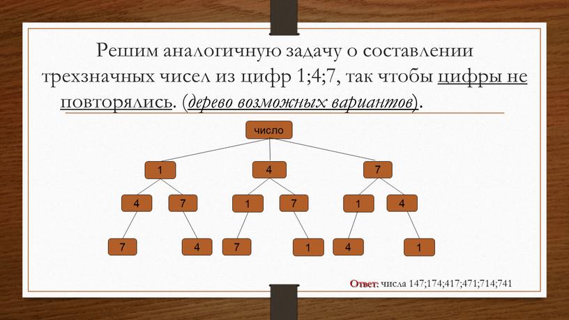 Решим аналогичную задачу о составлении трехзначных чисел из цифр 1;4;7, так чтобы цифры не повторялись