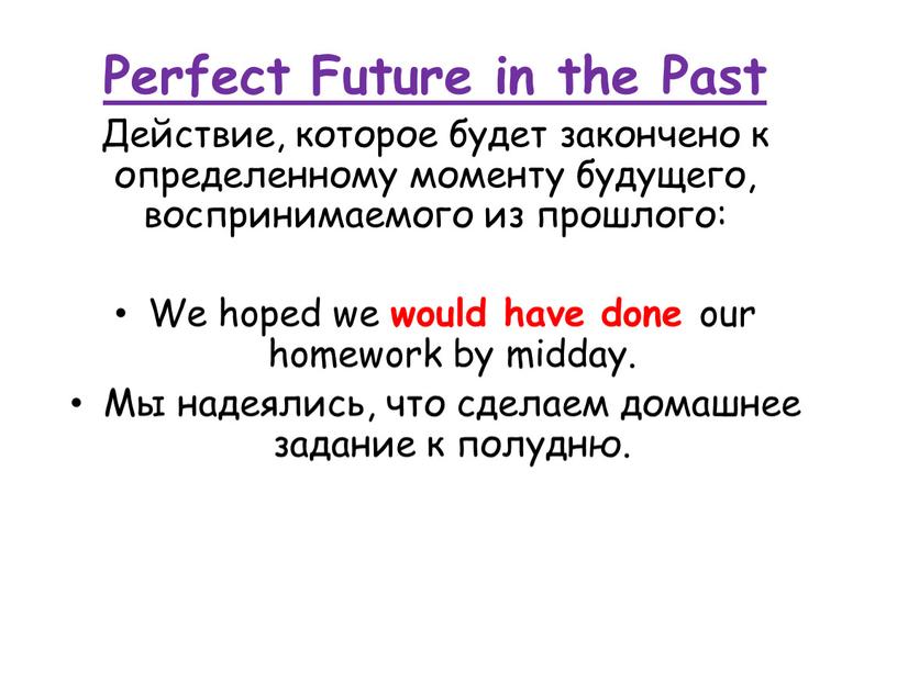 Perfect Future in the Past Действие, которое будет закончено к определенному моменту будущего, воспринимаемого из прошлого: